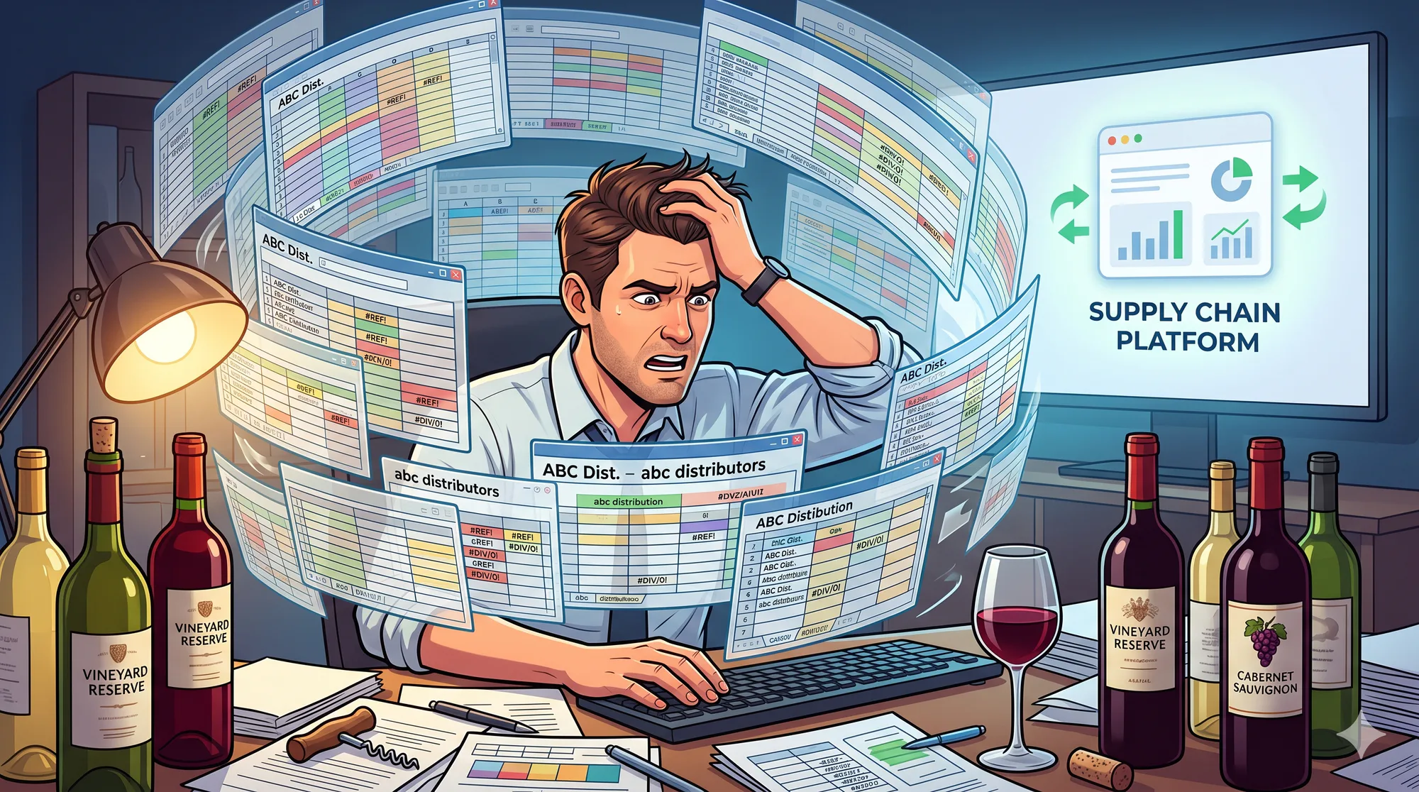 A frustrated supply chain manager surrounded by cascading error-filled spreadsheets, with wine bottles on the desk and a supply chain platform shown on a monitor in the background