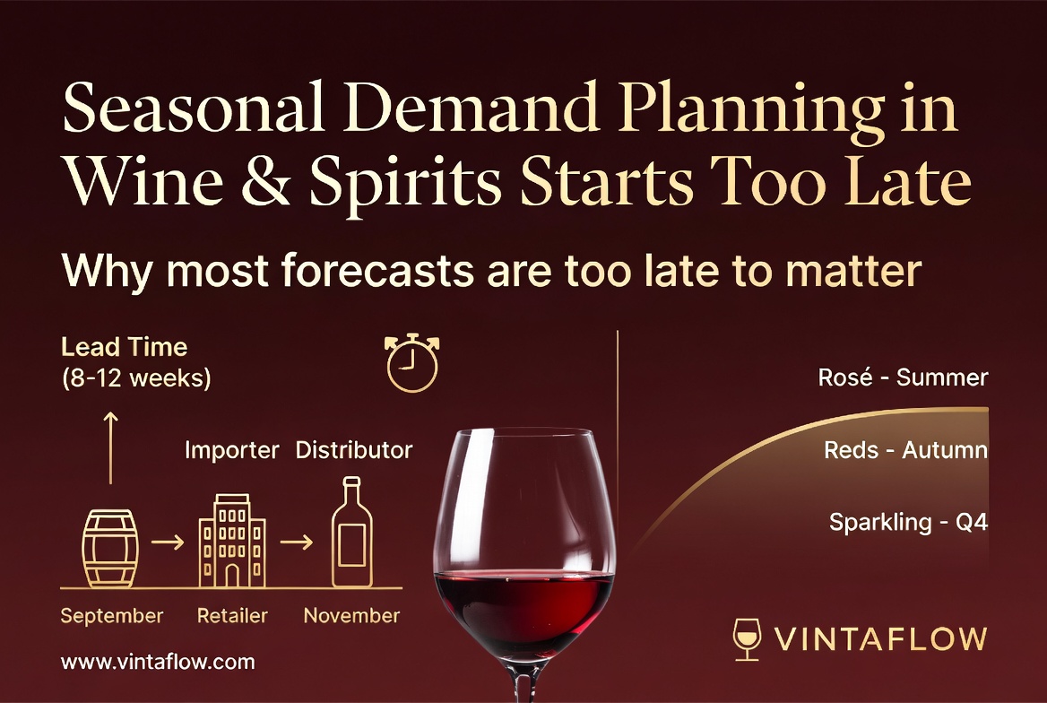Infographic showing seasonal demand patterns in wine and spirits with supply chain lead times from September to November